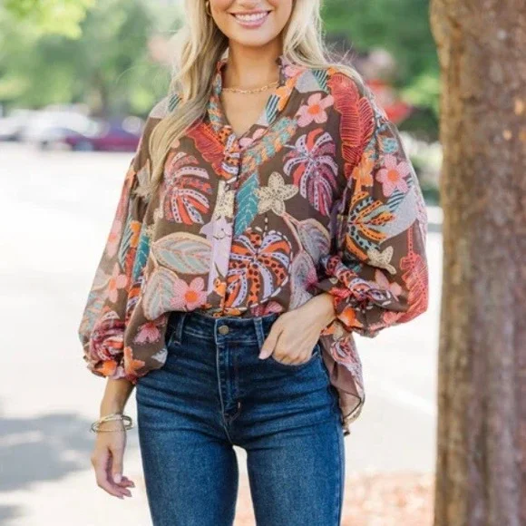 Fate What You're Worth Brown Floral Blouse Womens Medium - Picture 2 of 12